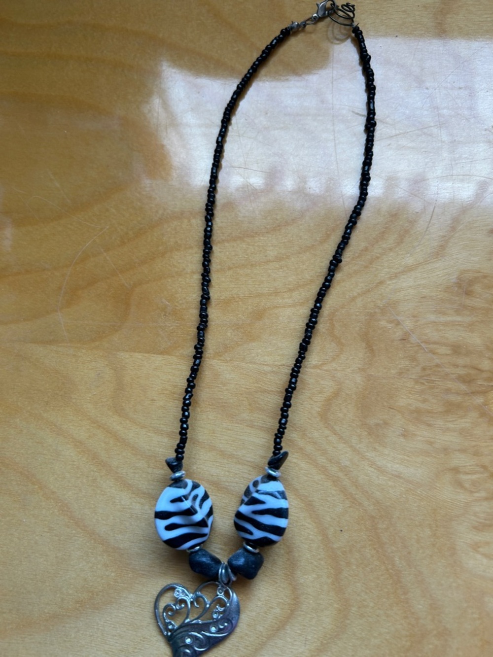 Black Zebra Bead Heart Pendant Necklace
